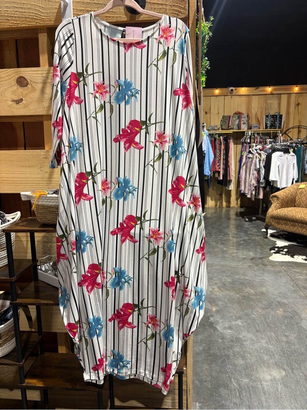 Striped Floral Midi Dress in White with Pink & Blue Flowers